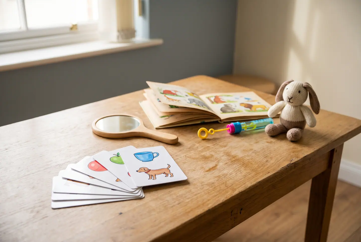 Mesa com cartões ilustrados, um espelho de mão, um livro infantil, um brinquedo de bolhas e um coelho de pelúcia.