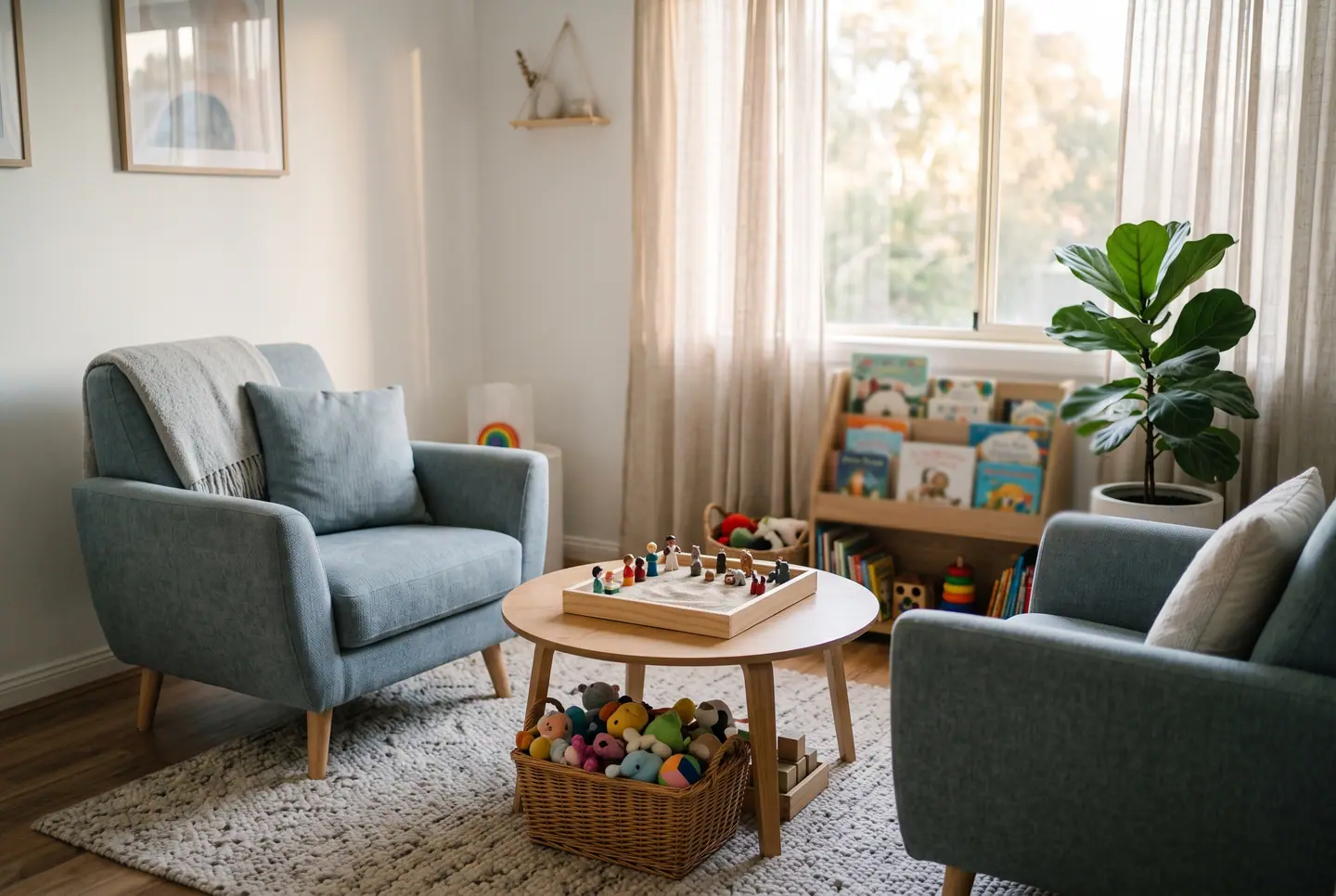 Sala de atendimento acolhedora, sem pessoas: duas poltronas azuis, caixa de areia com miniaturas, cesta de brinquedos e estante de livros infantis.